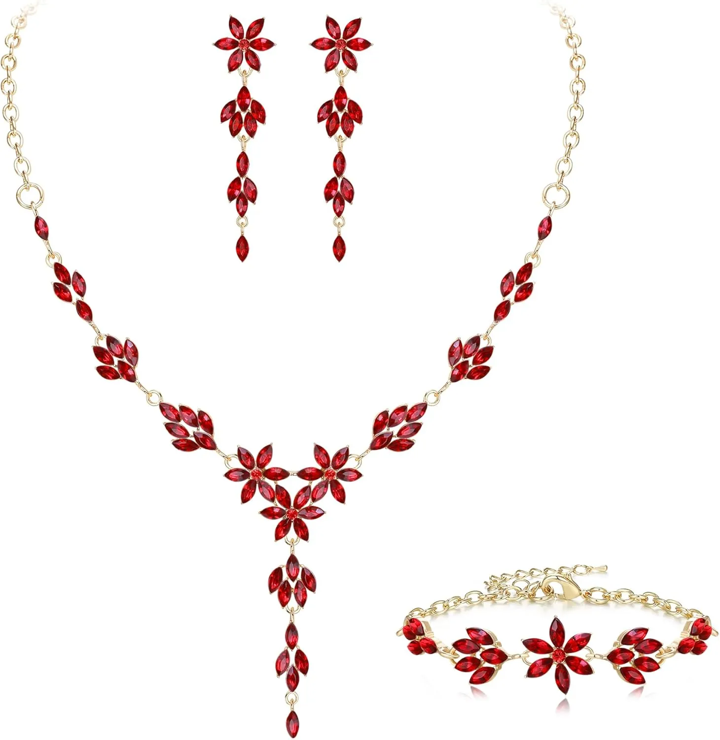 EVER FAITH Wedding Jewelry for Bride Bridesmaid, Stunning Rhinestone Crystal Flower Costume Prom Y-Shaped Necklace Dangle Earrings Bracelet Sets for Women