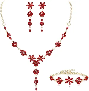 EVER FAITH Wedding Jewelry for Bride Bridesmaid, Stunning Rhinestone Crystal Flower Costume Prom Y-Shaped Necklace Dangle Earrings Bracelet Sets for Women