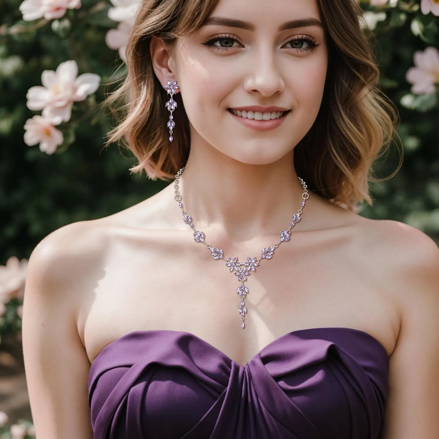 EVER FAITH Wedding Jewelry for Bride Bridesmaid, Stunning Rhinestone Crystal Flower Costume Prom Y-Shaped Necklace Dangle Earrings Bracelet Sets for Women