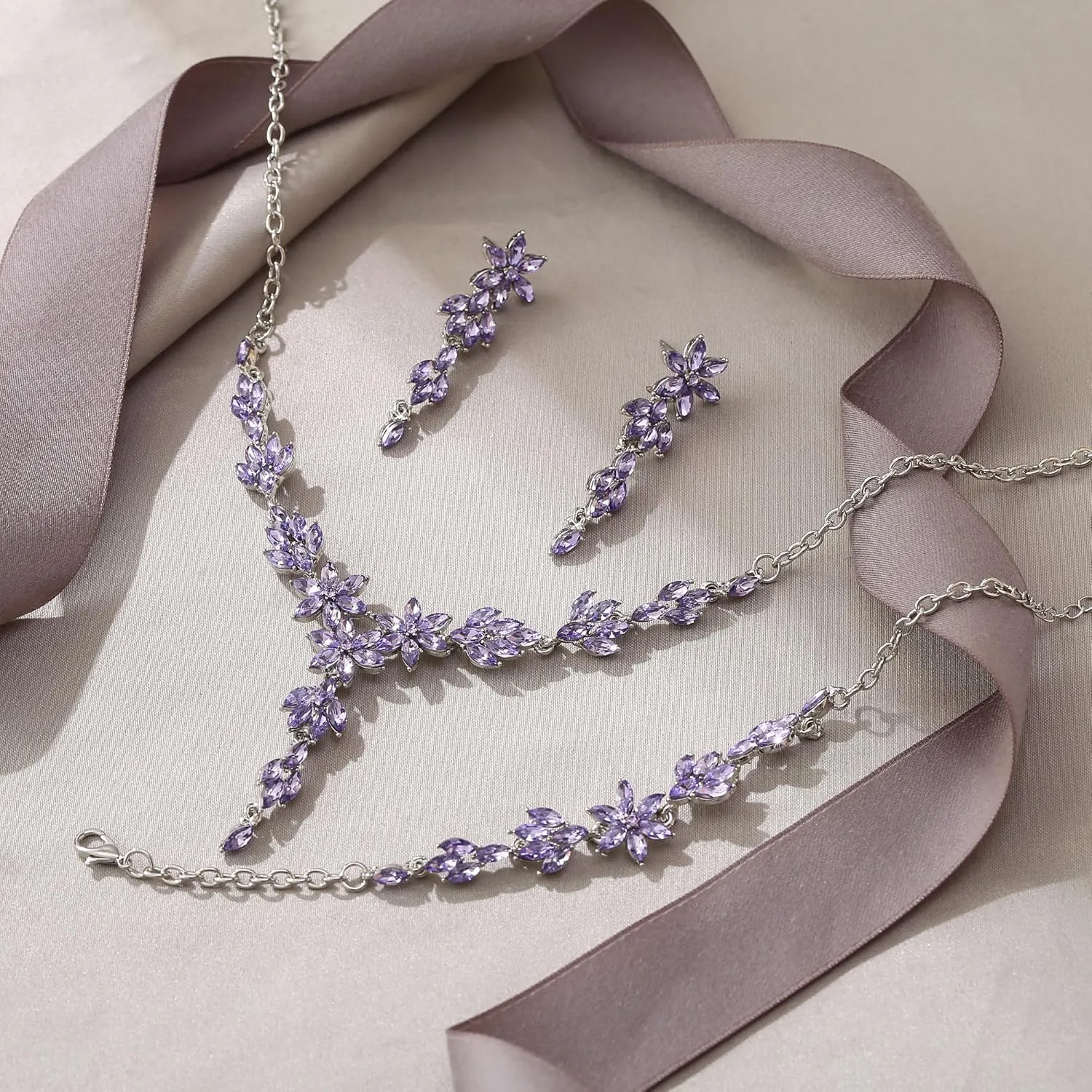 EVER FAITH Wedding Jewelry for Bride Bridesmaid, Stunning Rhinestone Crystal Flower Costume Prom Y-Shaped Necklace Dangle Earrings Bracelet Sets for Women