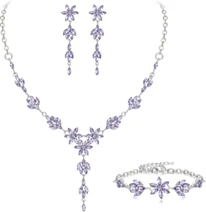 EVER FAITH Wedding Jewelry for Bride Bridesmaid, Stunning Rhinestone Crystal Flower Costume Prom Y-Shaped Necklace Dangle Earrings Bracelet Sets for Women