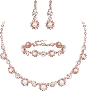 EVER FAITH Wedding Jewelry Set for Bride Bridesmaid, Stunning Rhinestone Crystal Faux Pearls Flower Costume Prom Necklace Dangle Hook Earrings Bracelet Sets for Women
