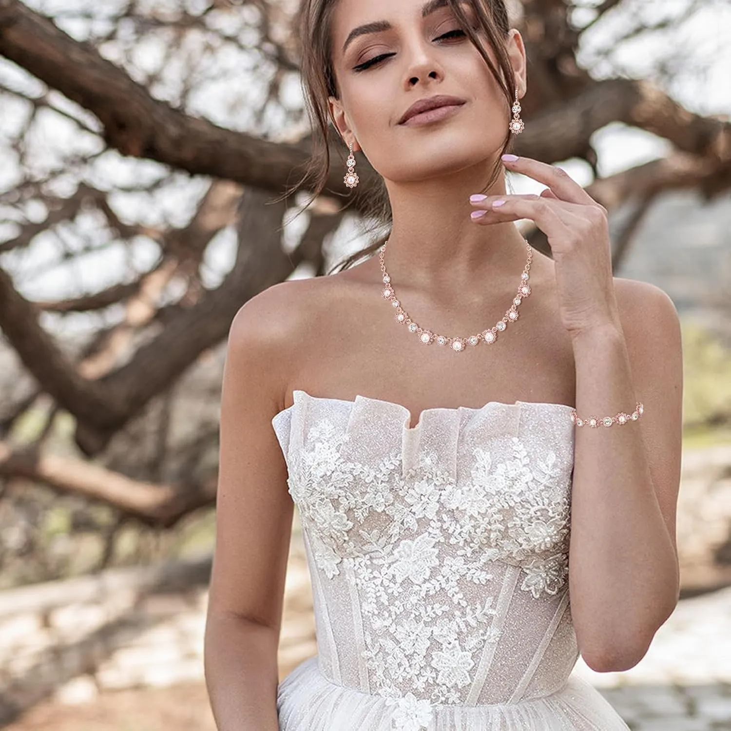 EVER FAITH Wedding Jewelry Set for Bride Bridesmaid, Stunning Rhinestone Crystal Faux Pearls Flower Costume Prom Necklace Dangle Hook Earrings Bracelet Sets for Women