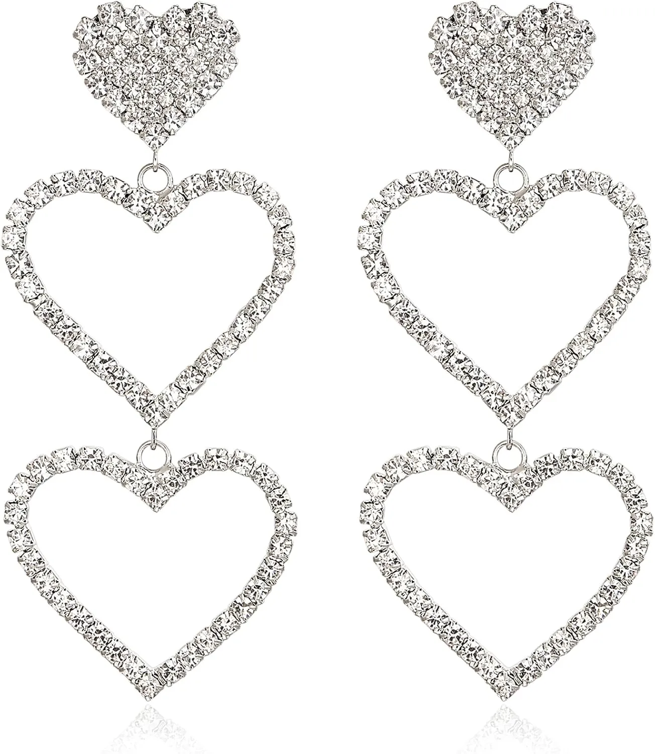 EVER FAITH Wedding Large Statement Heart Earrings, Stunning Rhinestone Round Crystal Long Three Love Hearts Valentines Day Bridal Party Dangle Earrings for Women White Silver-Tone