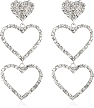 EVER FAITH Wedding Large Statement Heart Earrings, Stunning Rhinestone Round Crystal Long Three Love Hearts Valentines Day Bridal Party Dangle Earrings for Women White Silver-Tone