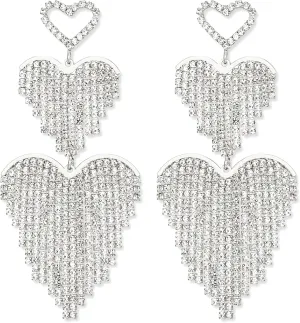 EVER FAITH Wedding Tassel Dangle Earrings, Stunning Crystal Fringe Chandelier Statement Three Love Heart Earrings Bridal Party Earring for Women Clear Silver-Tone