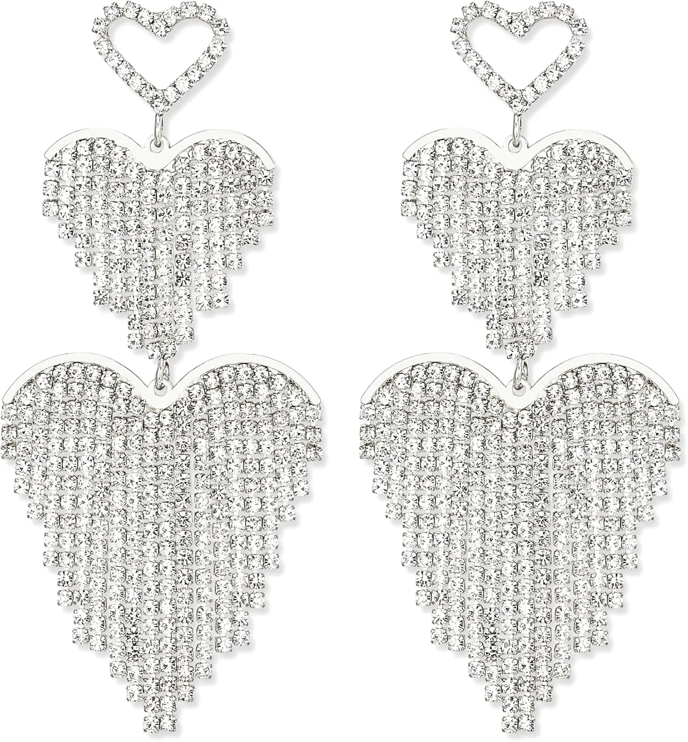 EVER FAITH Wedding Tassel Dangle Earrings, Stunning Crystal Fringe Chandelier Statement Three Love Heart Earrings Bridal Party Earring for Women Clear Silver-Tone