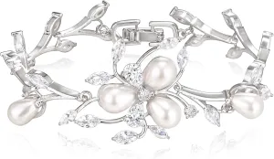 EVER FAITH Women's CZ Simulated Pearl Bridal Wedding Flower Leaf Filigree Stunning Tennis Bracelet