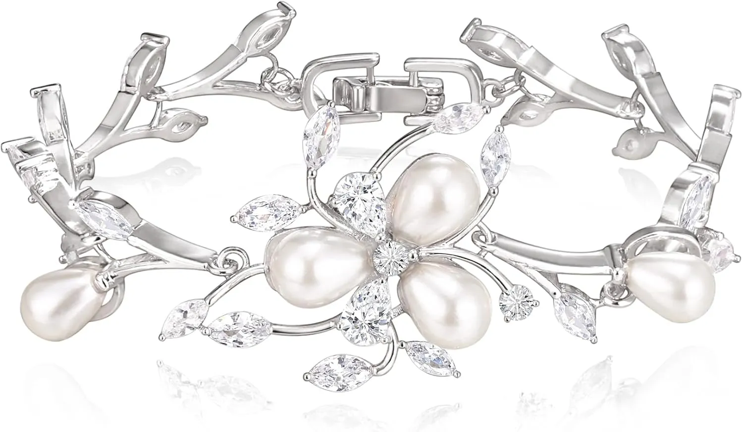 EVER FAITH Women's CZ Simulated Pearl Bridal Wedding Flower Leaf Filigree Stunning Tennis Bracelet