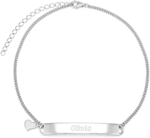 EVE'S ADDICTION Engraved Women's Anklet Sterling Silver ID With Heart Charm - Gifts for Mom