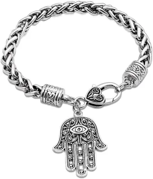 Evil Eye Bracelet, Silver Hand Fatima Bracelet Hamsa Pendant Bracelet Lucky Friendship Bracelet Evil Eye Protection Bracelet Friendship Jewelry for Women Men