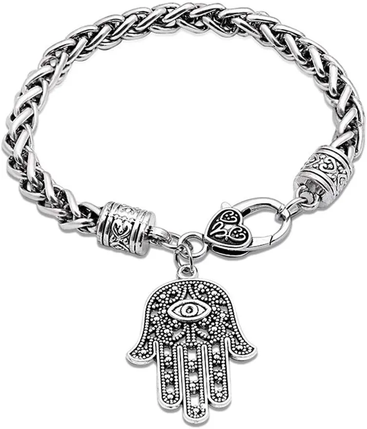 Evil Eye Bracelet, Silver Hand Fatima Bracelet Hamsa Pendant Bracelet Lucky Friendship Bracelet Evil Eye Protection Bracelet Friendship Jewelry for Women Men