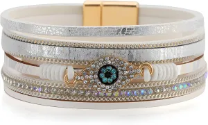 Evil Eye Leather Bracelet for Women, Multi-Layer Crystal Beads Cuff Leather Bracelets Bangle Stacked Religious Retro Anniversary Mother's Day Birthday Christmas Jewelry Gifts for Her
