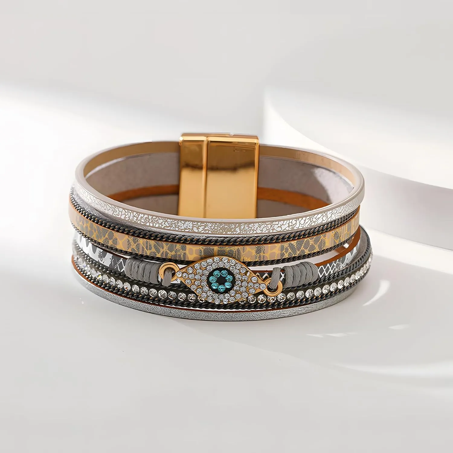 Evil Eye Leather Bracelet for Women, Multi-Layer Crystal Beads Cuff Leather Bracelets Bangle Stacked Religious Retro Anniversary Mother's Day Birthday Christmas Jewelry Gifts for Her