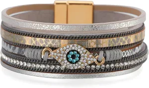 Evil Eye Leather Bracelet for Women, Multi-Layer Crystal Beads Cuff Leather Bracelets Bangle Stacked Religious Retro Anniversary Mother's Day Birthday Christmas Jewelry Gifts for Her