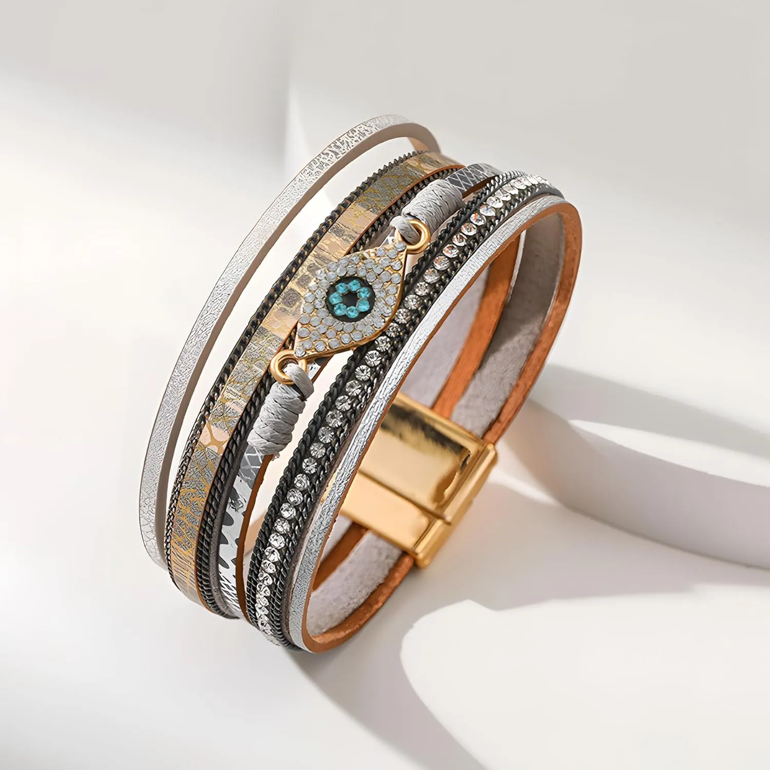Evil Eye Leather Bracelet for Women, Multi-Layer Crystal Beads Cuff Leather Bracelets Bangle Stacked Religious Retro Anniversary Mother's Day Birthday Christmas Jewelry Gifts for Her