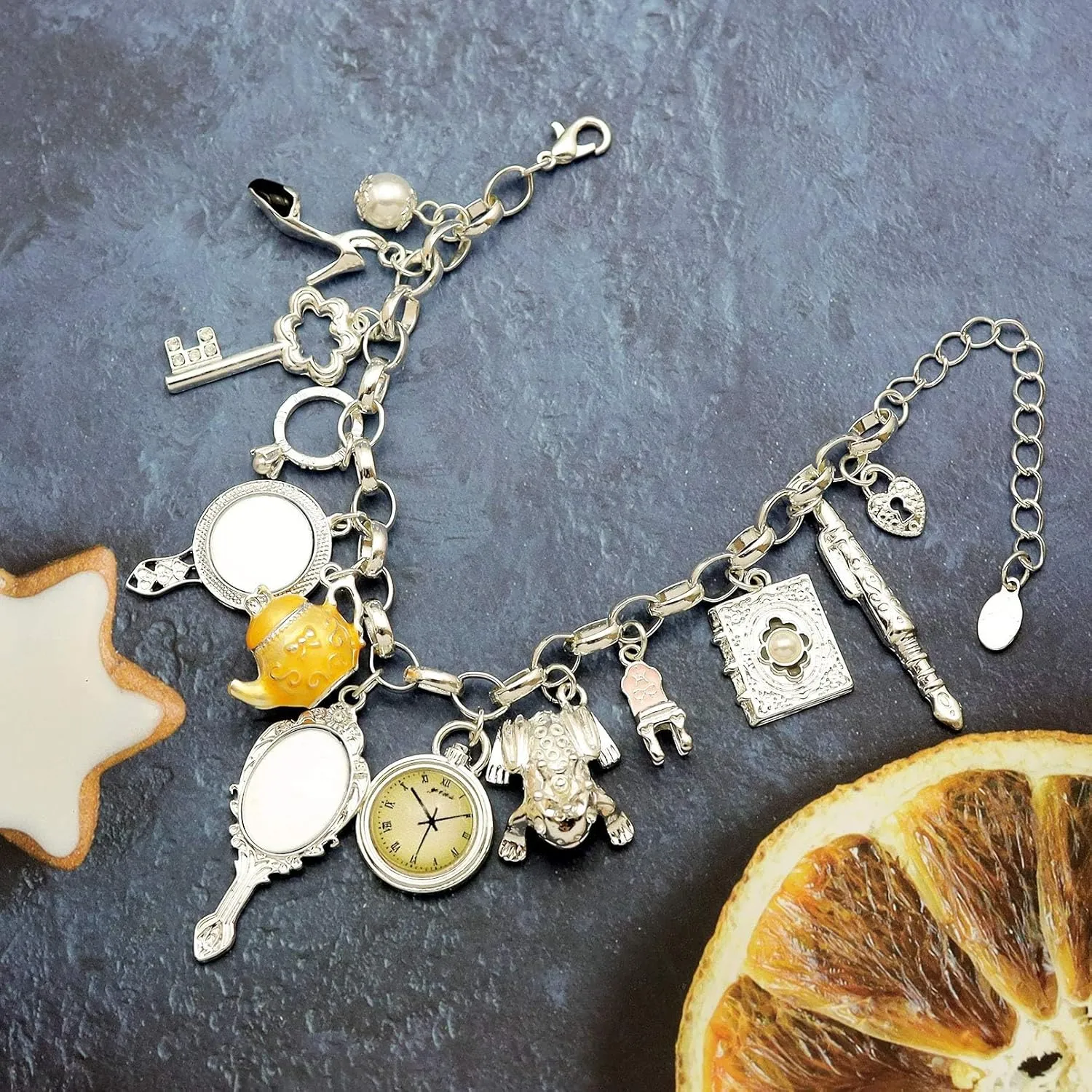 Fairytale Lucky Charms Link Chain Cuff Bangle Bracelet Wonderland Style Frog Mirror Clock Heart Teapot Pendants Party Friendship Gift