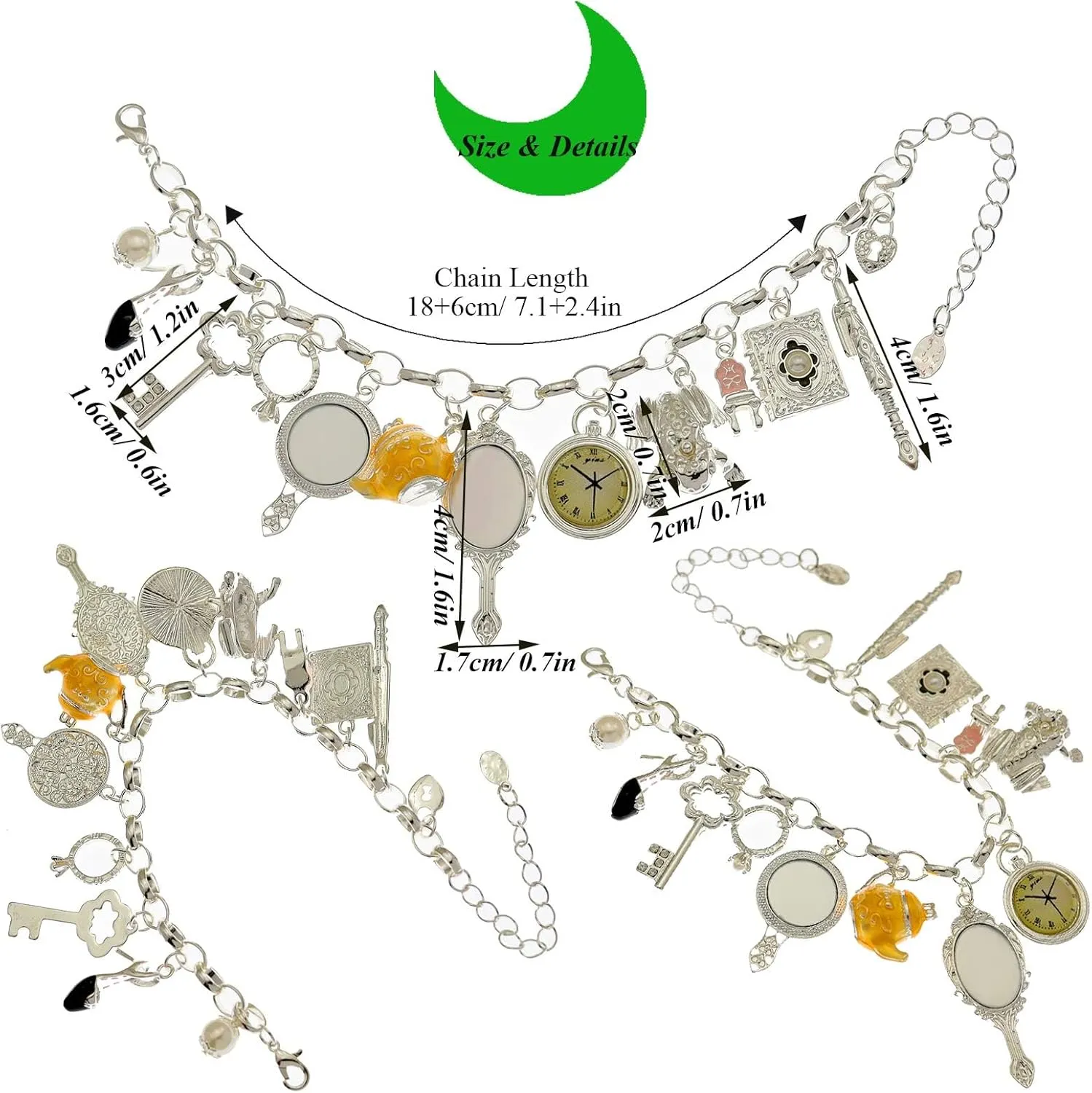 Fairytale Lucky Charms Link Chain Cuff Bangle Bracelet Wonderland Style Frog Mirror Clock Heart Teapot Pendants Party Friendship Gift