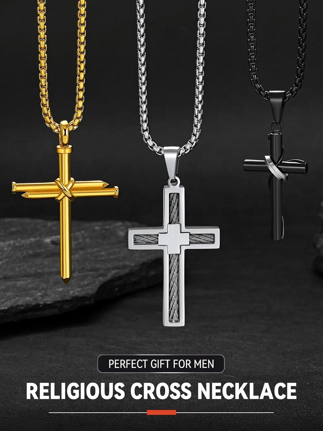 FaithHeart Cross Necklace for Men, Silver/Black/Gold Cross Necklaces Stainless Steel Pendant with 22 2 Inch Box Chain Christian Gifts for Men