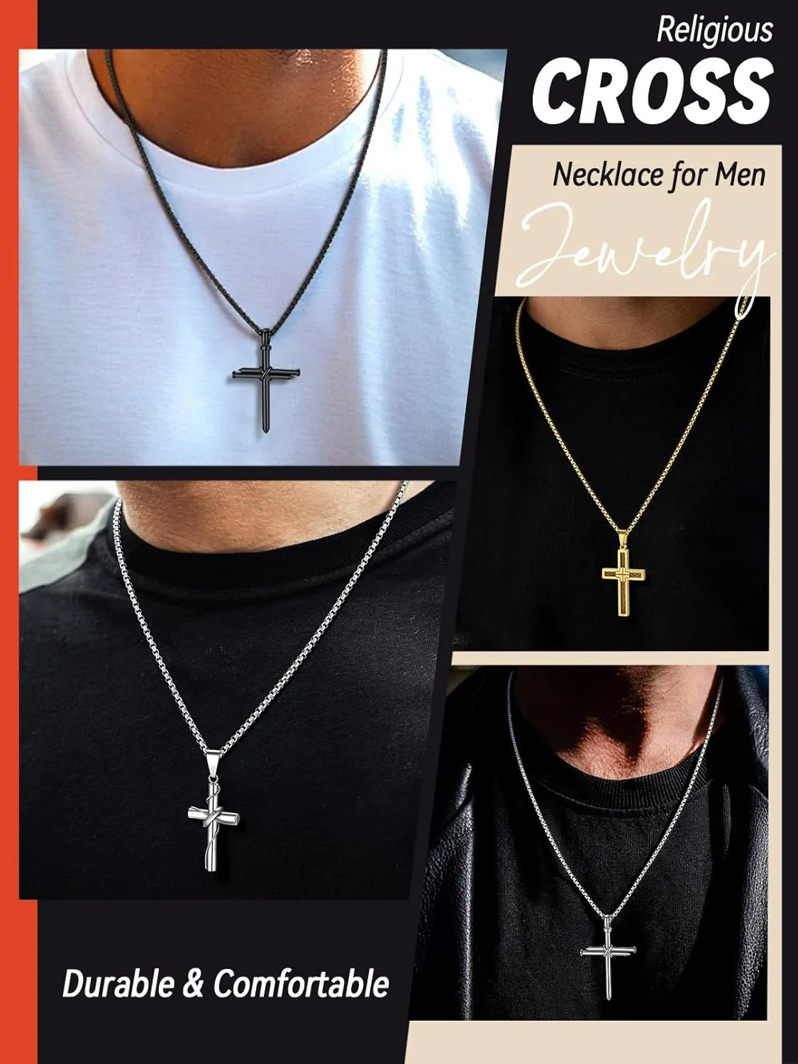 FaithHeart Cross Necklace for Men, Silver/Black/Gold Cross Necklaces Stainless Steel Pendant with 22 2 Inch Box Chain Christian Gifts for Men