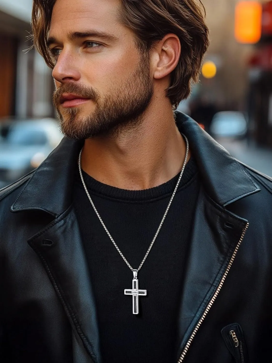 FaithHeart Cross Necklace for Men, Silver/Black/Gold Cross Necklaces Stainless Steel Pendant with 22 2 Inch Box Chain Christian Gifts for Men