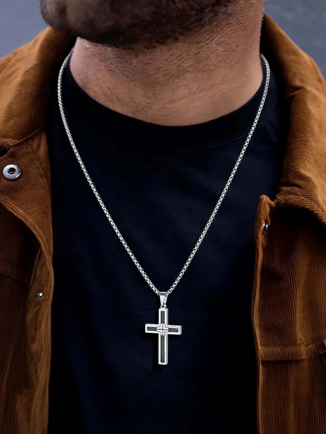 FaithHeart Cross Necklace for Men, Silver/Black/Gold Cross Necklaces Stainless Steel Pendant with 22 2 Inch Box Chain Christian Gifts for Men