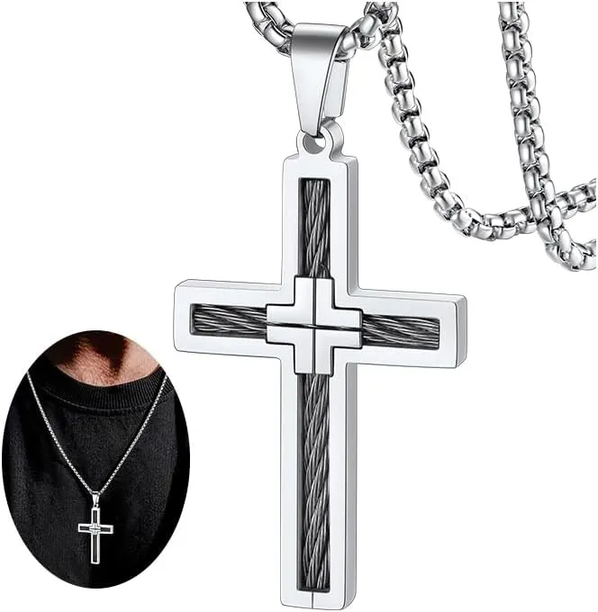 FaithHeart Cross Necklace for Men, Silver/Black/Gold Cross Necklaces Stainless Steel Pendant with 22 2 Inch Box Chain Christian Gifts for Men