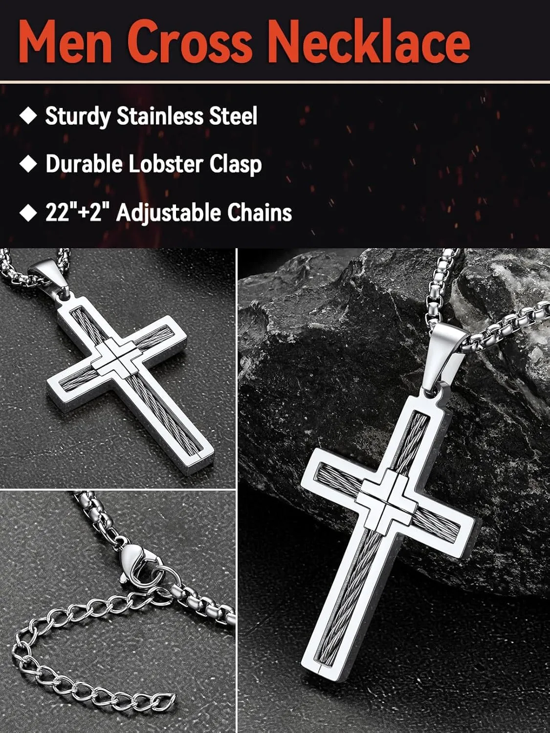 FaithHeart Cross Necklace for Men, Silver/Black/Gold Cross Necklaces Stainless Steel Pendant with 22 2 Inch Box Chain Christian Gifts for Men