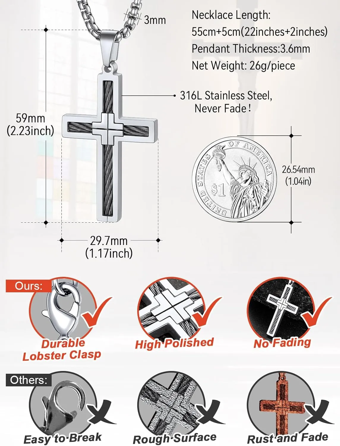 FaithHeart Cross Necklace for Men, Silver/Black/Gold Cross Necklaces Stainless Steel Pendant with 22 2 Inch Box Chain Christian Gifts for Men