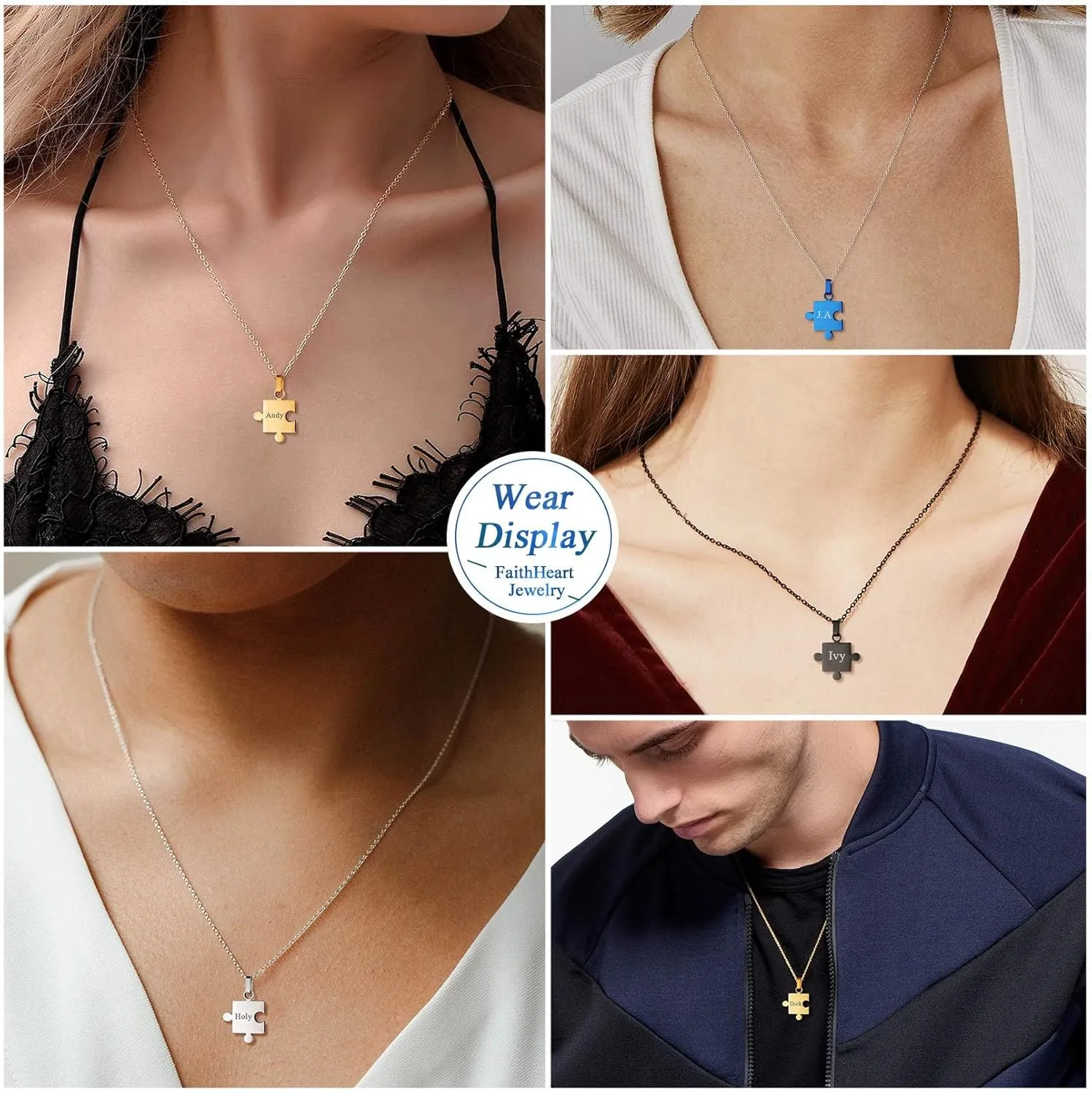 FaithHeart Puzzle Matching Necklace Personalized Custom BFF Pendant Necklaces Set for Women Men Family/Team/Classmates Names Jewelry