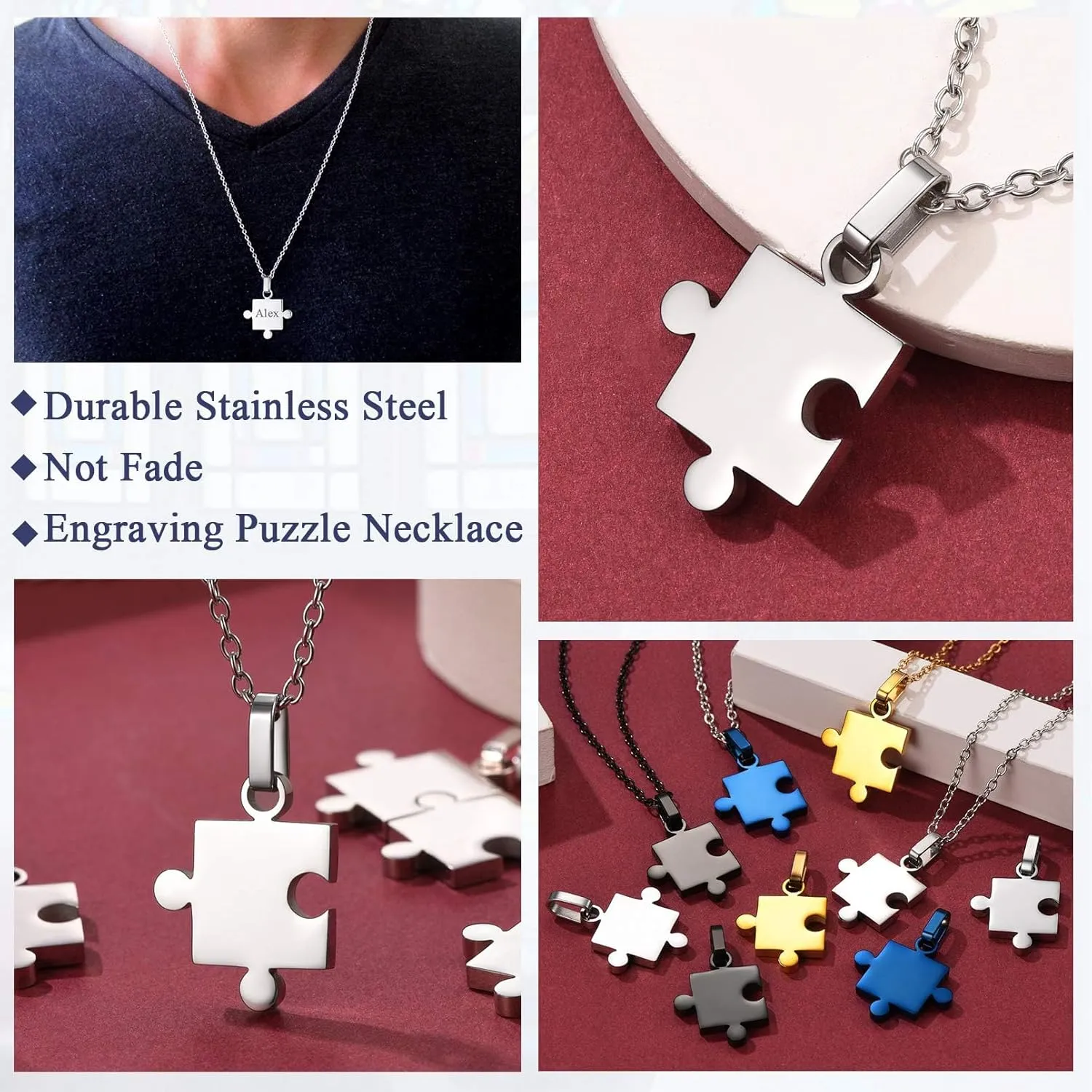 FaithHeart Puzzle Matching Necklace Personalized Custom BFF Pendant Necklaces Set for Women Men Family/Team/Classmates Names Jewelry