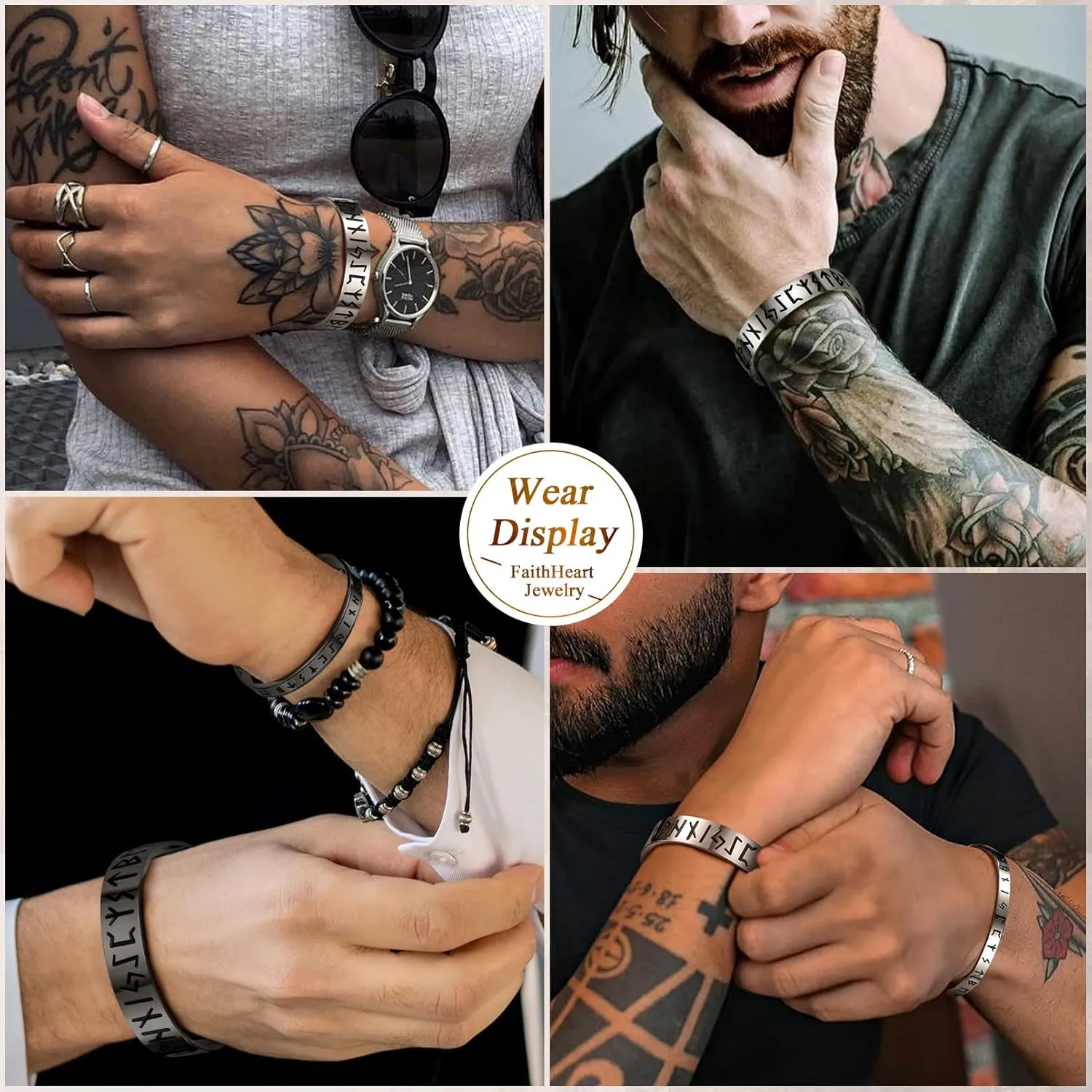 FaithHeart Viking Cuff Bracelet for Men Women, Stainless Steel Rune/Thor's Hammer/Wolf/Celtic Knot Bangles Personalized Customizable