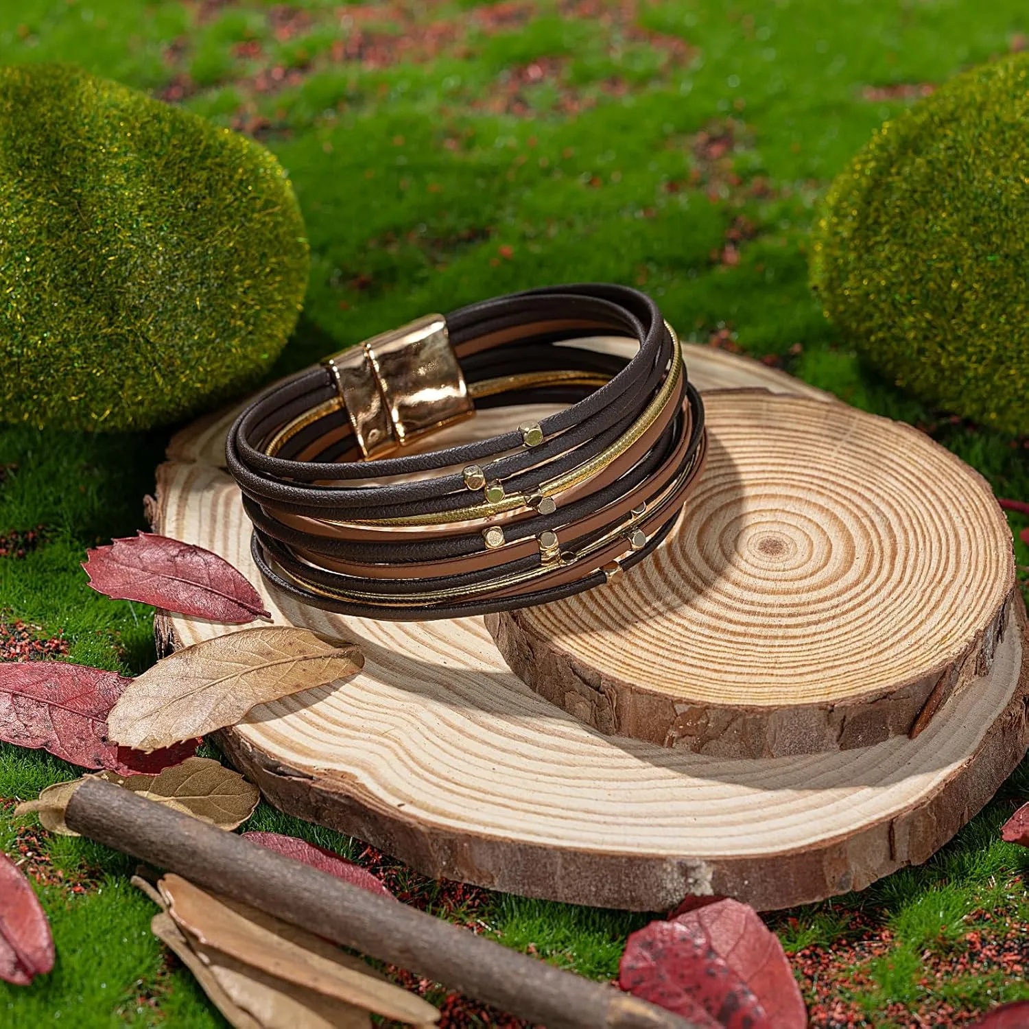 FANCY SHINY Beaded Leather Wrap Bracelets Cute Boho Stackable Bangle Cuff with Magnetic Clasp