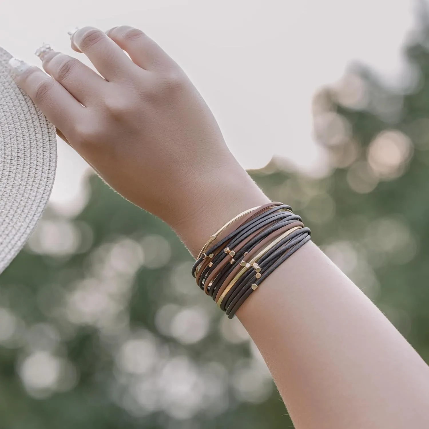 FANCY SHINY Beaded Leather Wrap Bracelets Cute Boho Stackable Bangle Cuff with Magnetic Clasp