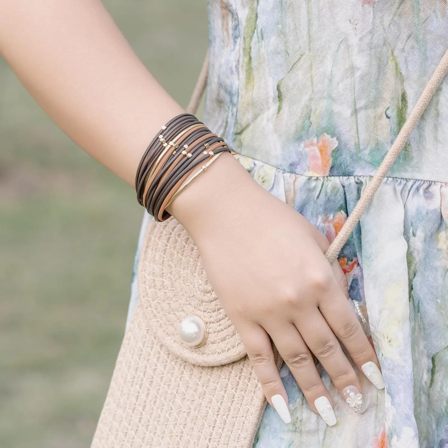 FANCY SHINY Beaded Leather Wrap Bracelets Cute Boho Stackable Bangle Cuff with Magnetic Clasp