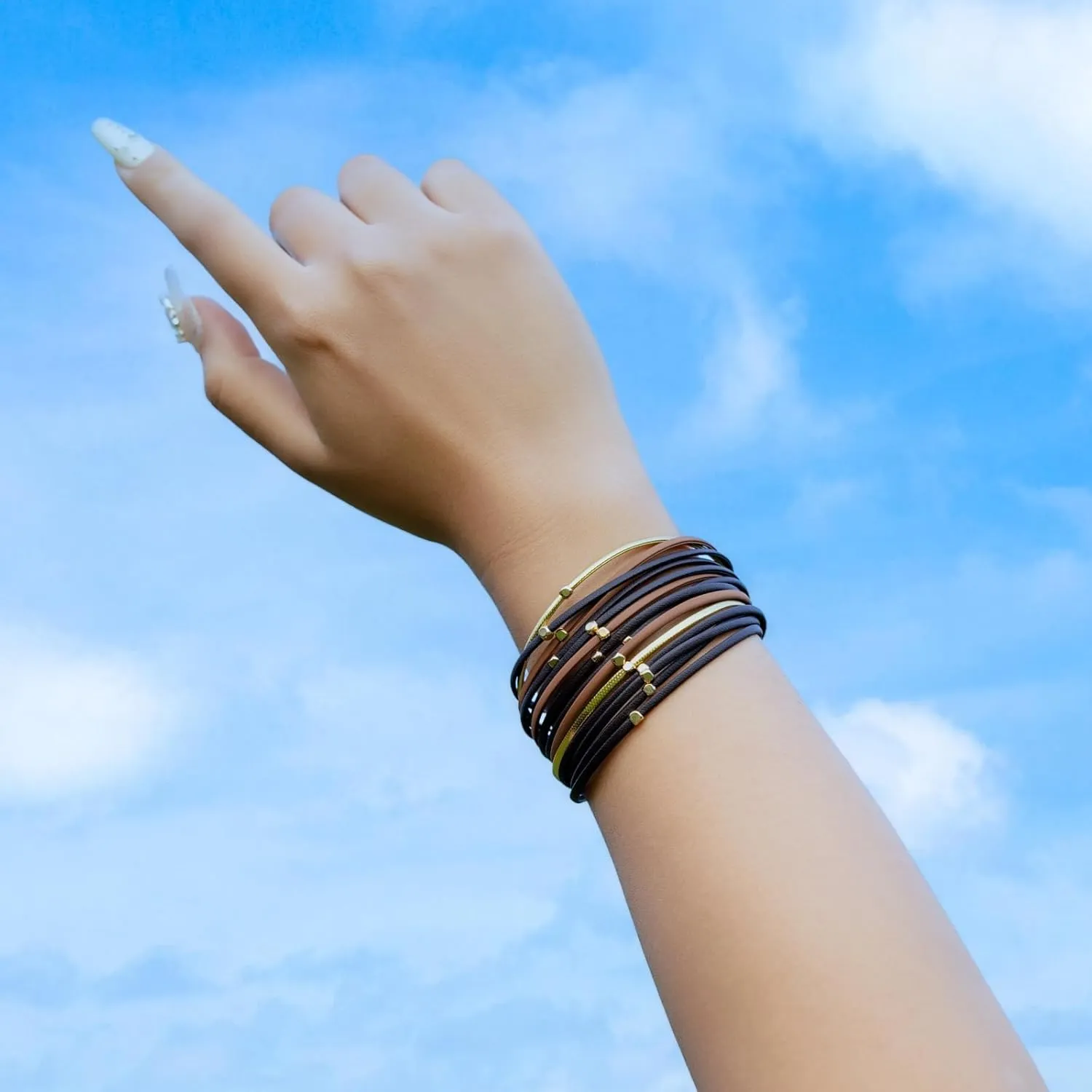 FANCY SHINY Beaded Leather Wrap Bracelets Cute Boho Stackable Bangle Cuff with Magnetic Clasp