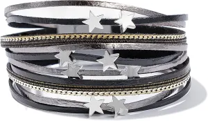 FANCY SHINY Leather Wrap Star Bracelet Boho Bangle Bracelets for Women Trendy Stackable Cute Charm Bracelet with Magnetic Clasp