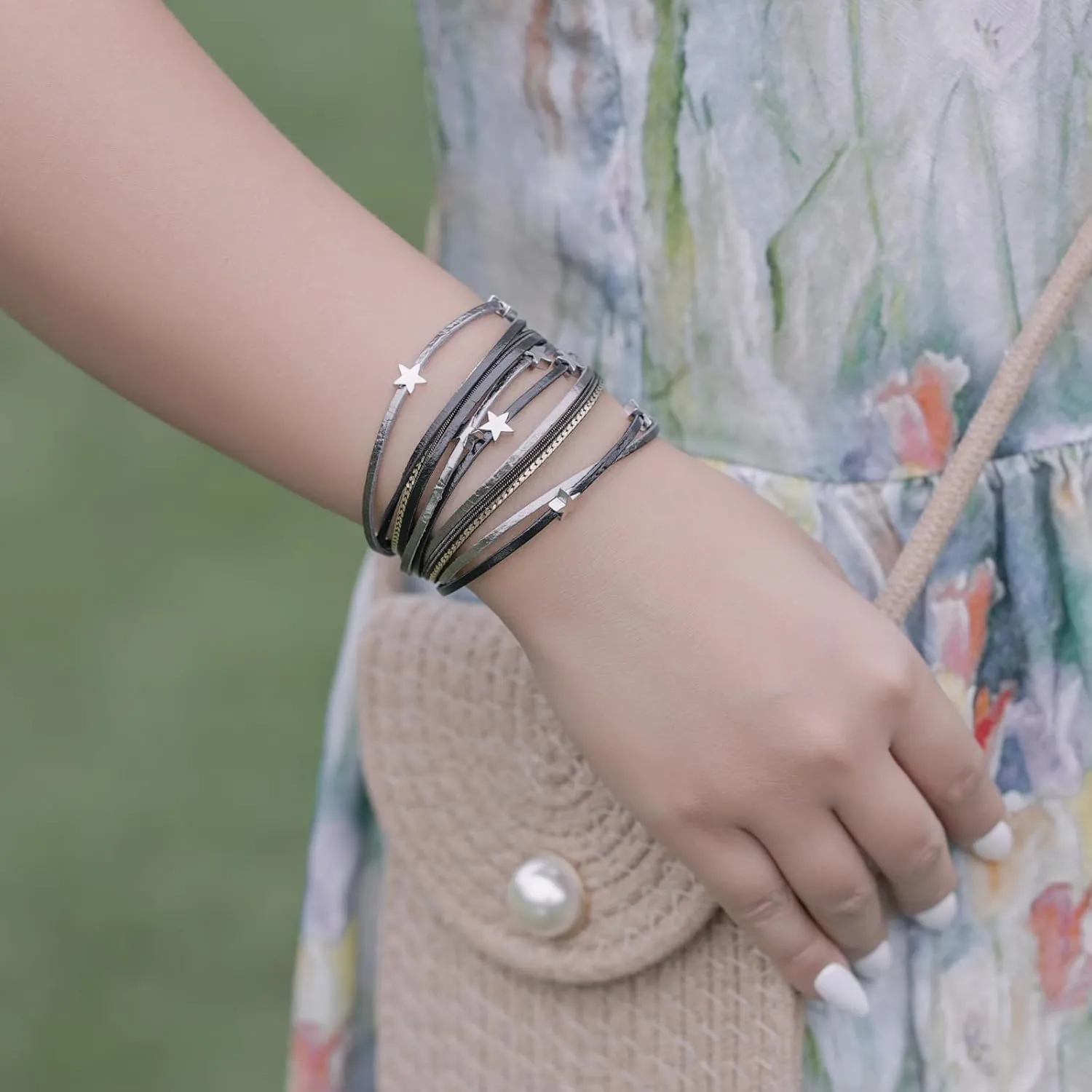 FANCY SHINY Leather Wrap Star Bracelet Boho Bangle Bracelets for Women Trendy Stackable Cute Charm Bracelet with Magnetic Clasp