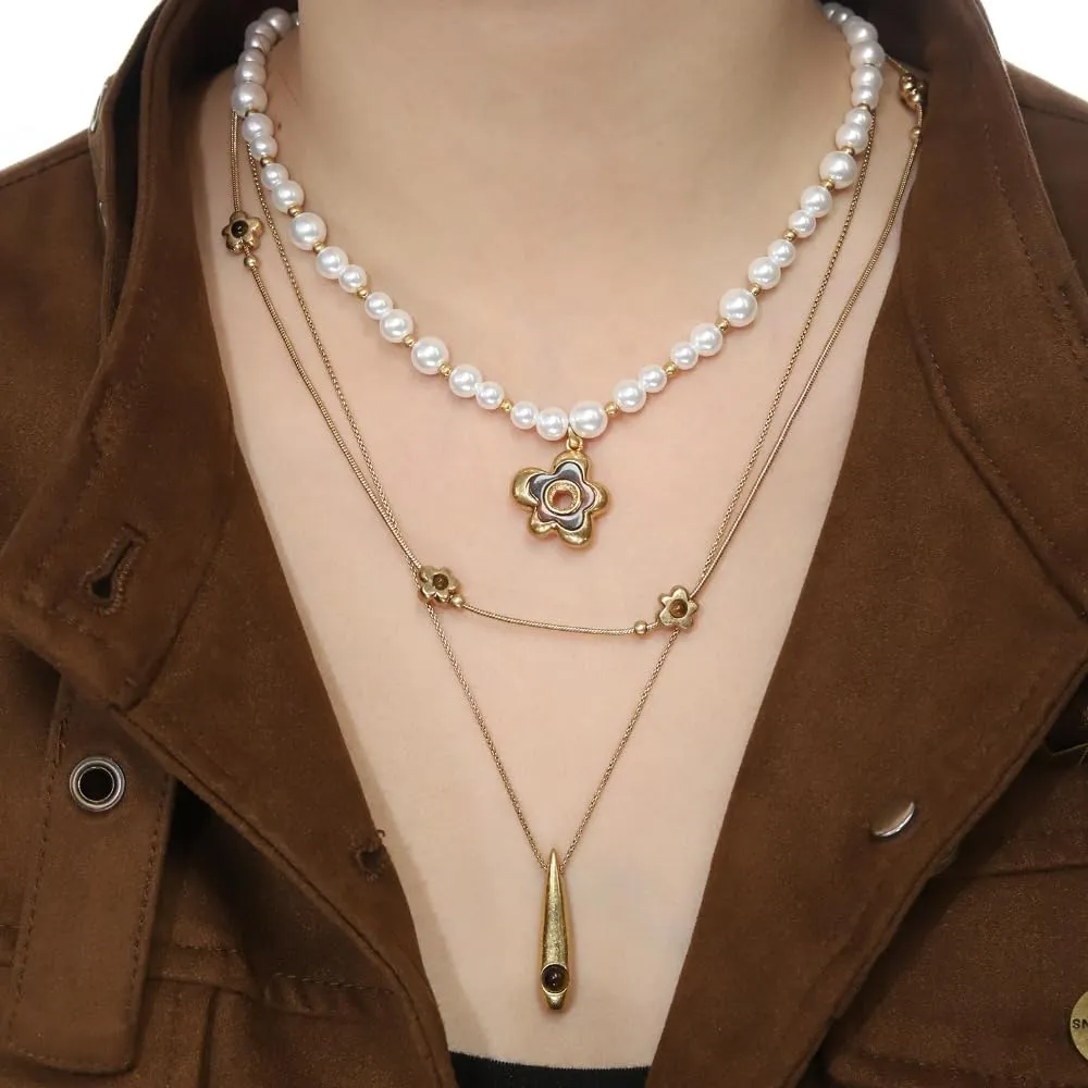 Fashion beaded choker flower Pendant collarbone chain exquisite double layer wear necklace, Drop pendant women's necklace