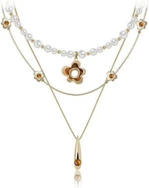 Fashion beaded choker flower Pendant collarbone chain exquisite double layer wear necklace, Drop pendant women's necklace