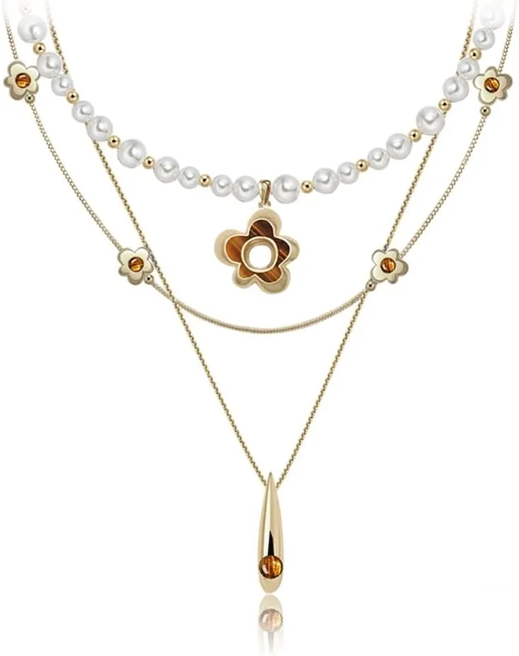 Fashion beaded choker flower Pendant collarbone chain exquisite double layer wear necklace, Drop pendant women's necklace