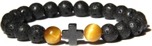 Fashion Cross Charm Turquoises Bracelets for Women Men Couple Prayer Peace Lava Tiger Eye Natural Stone Pendant Bangles Jewelry,Golden Tiger Eye,19cm