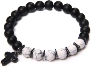 Fashion Cross Charm Turquoises Bracelets for Women Men Couple Prayer Peace Lava Tiger Eye Natural Stone Pendant Bangles Jewelry,Turquoise Onyx,19cm
