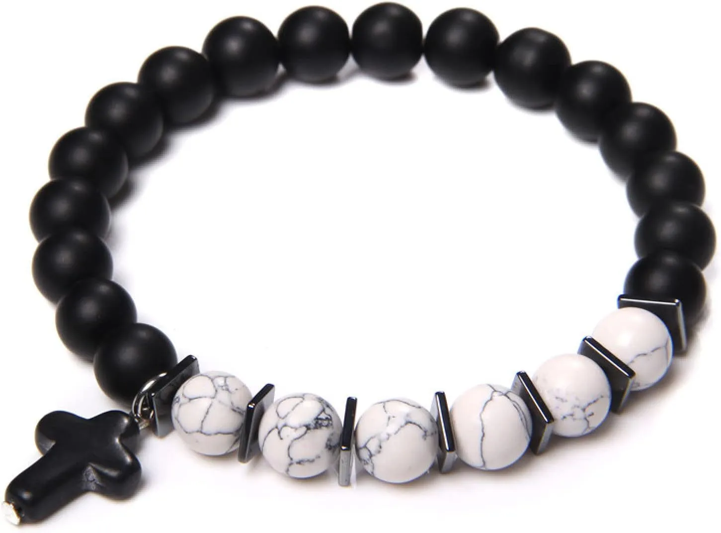 Fashion Cross Charm Turquoises Bracelets for Women Men Couple Prayer Peace Lava Tiger Eye Natural Stone Pendant Bangles Jewelry,Turquoise Onyx,19cm