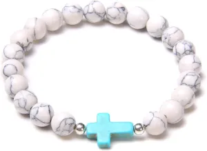 Fashion Cross Charm Turquoises Bracelets for Women Men Couple Prayer Peace Lava Tiger Eye Natural Stone Pendant Bangles Jewelry,White Turquoise,17cm