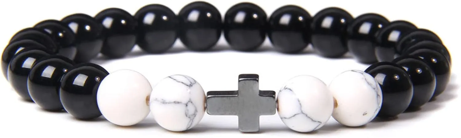 Fashion Cross Charm Turquoises Bracelets for Women Men Couple Prayer Peace Lava Tiger Eye Natural Stone Pendant Bangles Jewelry,White Turquoise,19cm