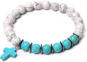 Fashion Cross Charm Turquoises Bracelets for Women Men Couple Prayer Peace Lava Tiger Eye Natural Stone Pendant Bangles Jewelry,White Turquoise,19cm