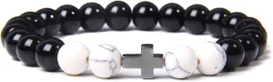 Fashion Cross Charm Turquoises Bracelets for Women Men Couple Prayer Peace Lava Tiger Eye Natural Stone Pendant Bangles Jewelry,White Turquoise,19cm