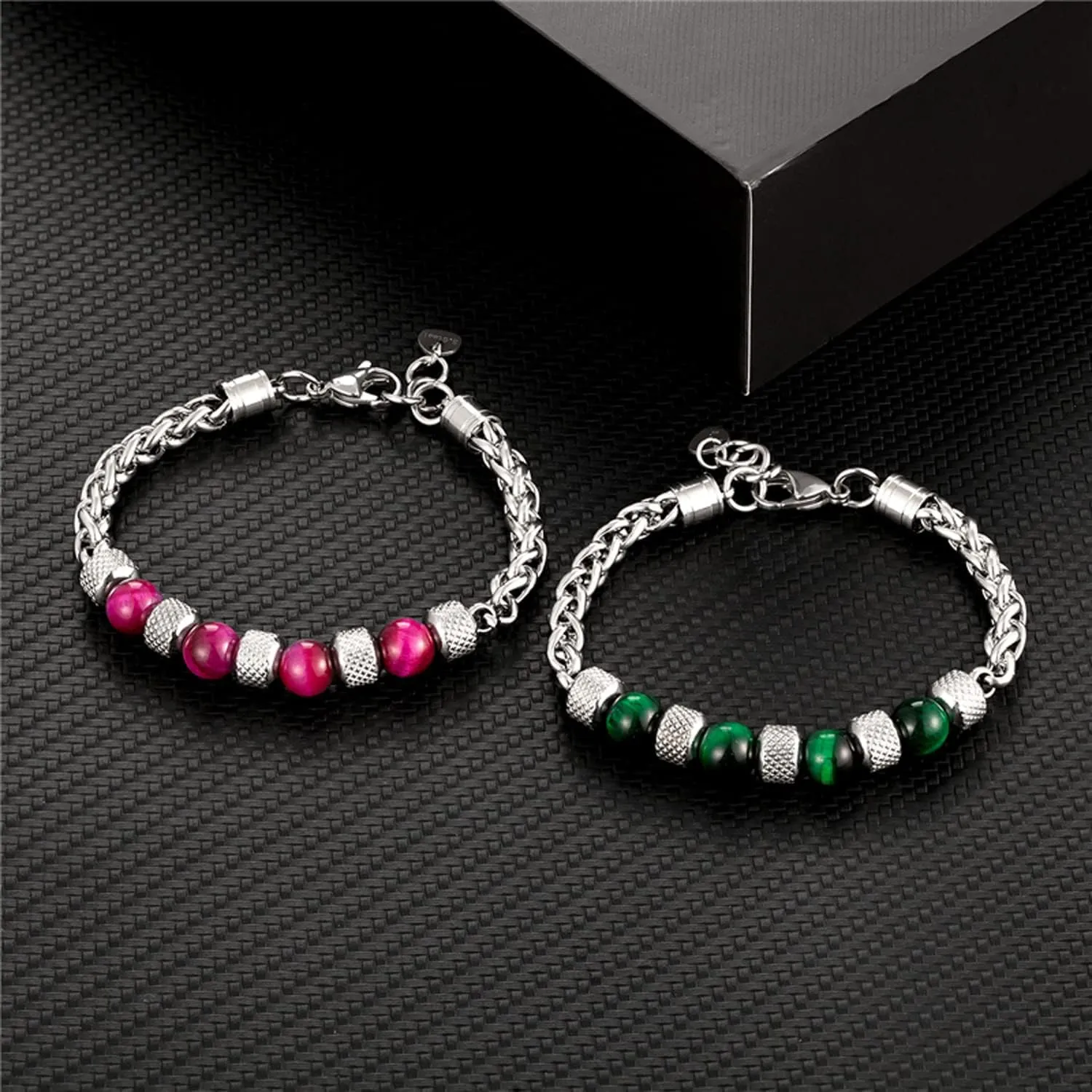 Fashion Women Men Charm 8MM Natural Stone Strand Bracelets Stainless Steel Link Chain Bangles Tiger eye Beaded Yoga Bracelet Male Jewelry