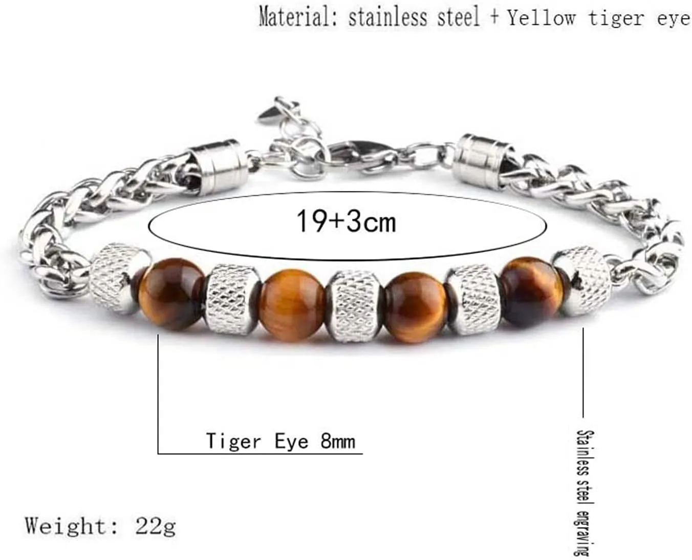 Fashion Women Men Charm 8MM Natural Stone Strand Bracelets Stainless Steel Link Chain Bangles Tiger eye Beaded Yoga Bracelet Male Jewelry